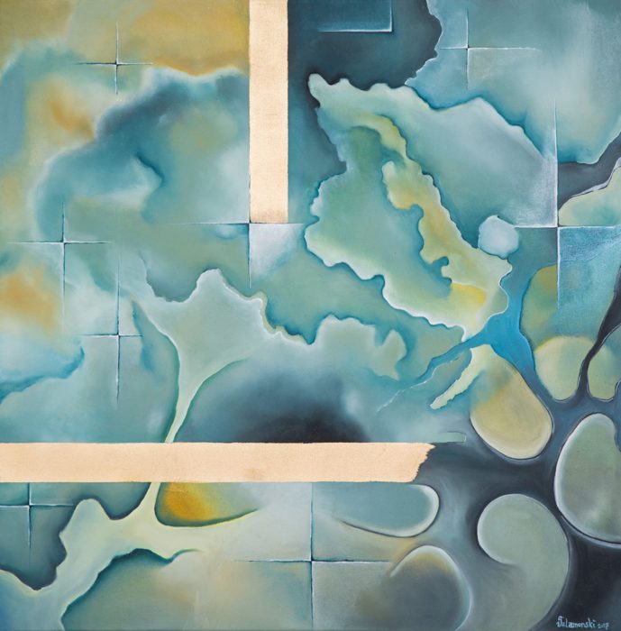 BLUE DROPS, 80 x 80 cm · Öl und Blattgold auf Leinwand