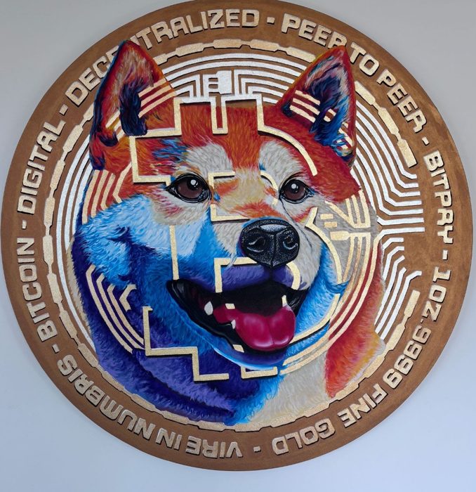 OHNE TITEL (Coin mit Hund), Ø 80 cm · Acryl und Blattgold auf Leinwand