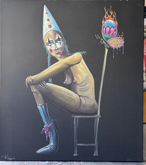 OHNE TITEL (Figur mit Schmetterling), 80 x 90 cm · Öl auf Leinwand