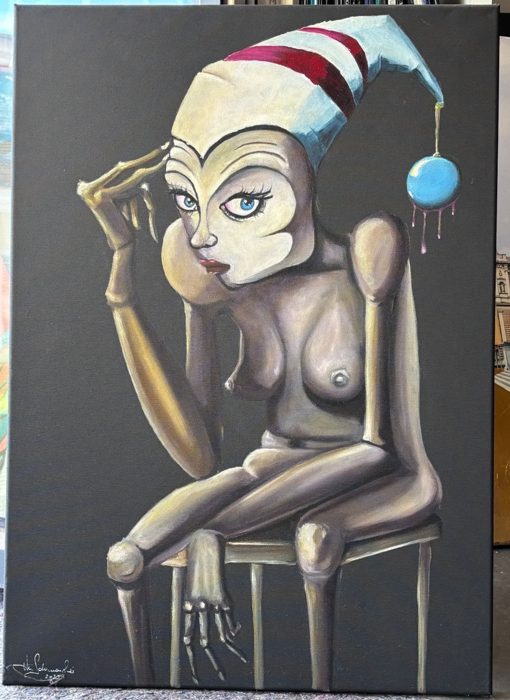OHNE TITEL (Figur mit Zipfelmütze), 50 x 70 cm · Öl auf Leinwand