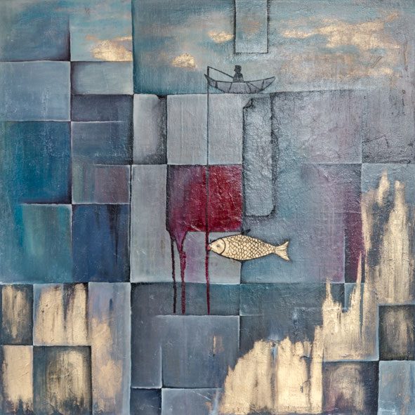 GOLD FISH, 80 x 80 cm · Öl, Mischtechnik und Blattgold auf Leinwand