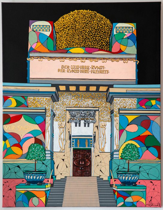 SECESSION BEI NACHT, 90 x 70 cm · Acryl und Blattgold auf Leinwand